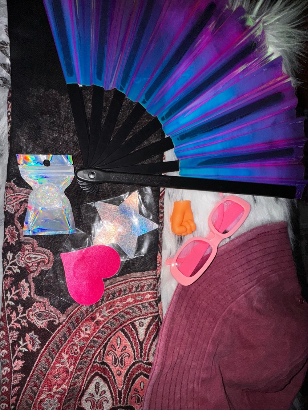 rave festival pash + bucket hat + hand fan accessories bundle
